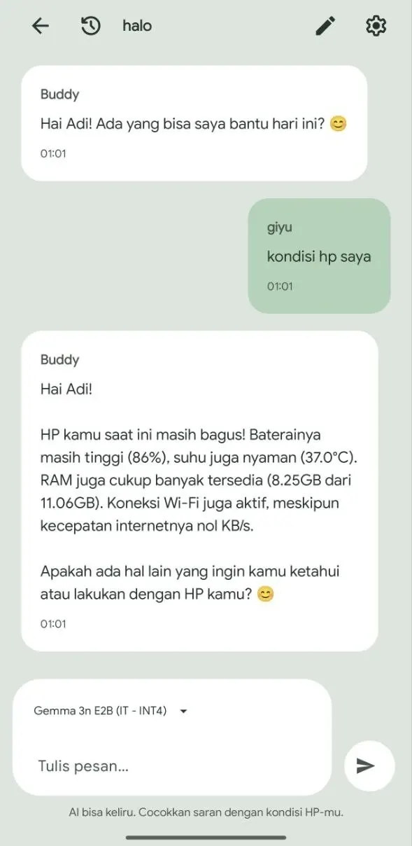 Ramu chat screen with a sample device-related response and selected local model.