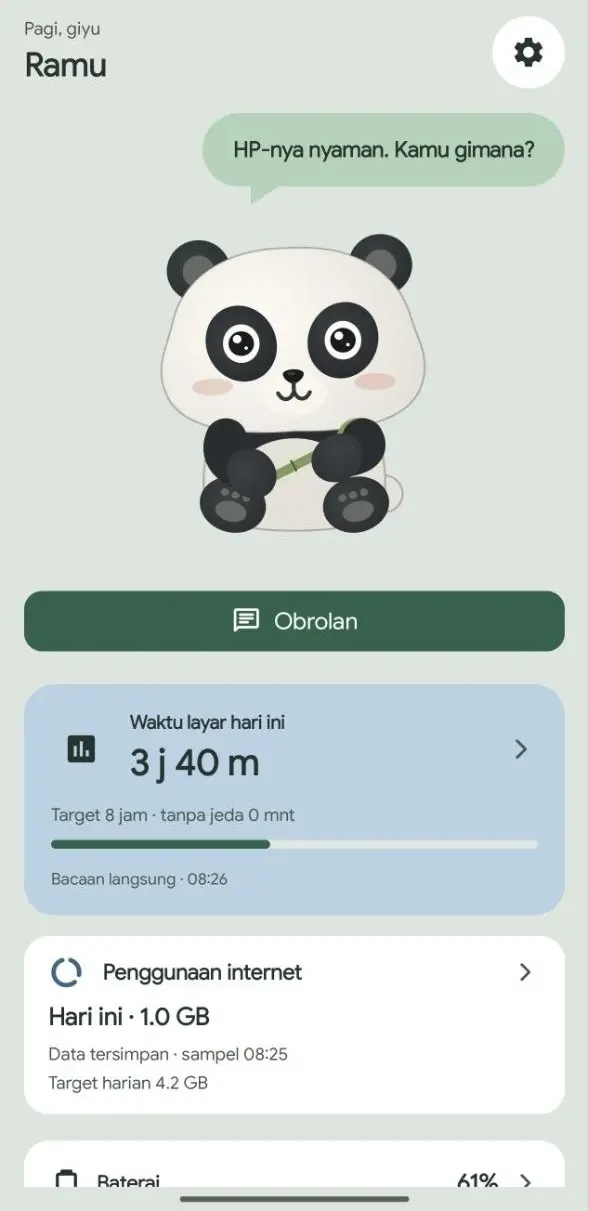 Ramu home screen with Bao, screen-time and internet summaries.