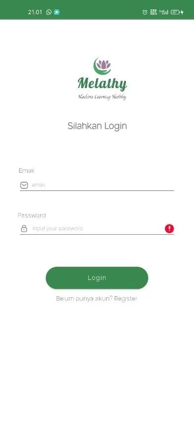 Melathy mobile login screen from the capstone prototype.
