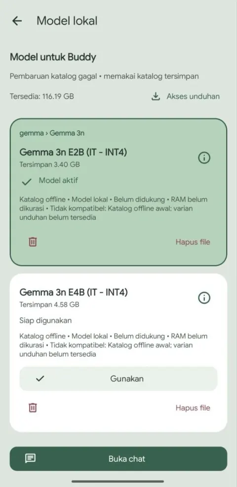Ramu model management view with available Gemma variants and compatibility states.