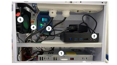 Open Perta-SMART enclosure containing a power supply, Intel NUC, acquisition module, circuit breaker, and fan.